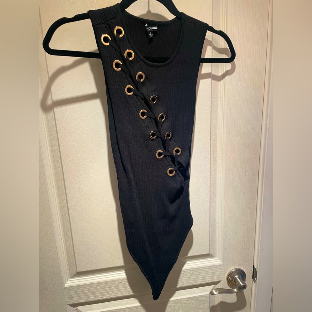 Black open front bodysuit